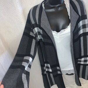 Anne Klein Black and Gray Plaid Cardigan
